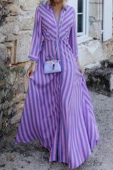 Gestreiftes, langärmliges Maxi-Hemdkleid mit Knöpfen